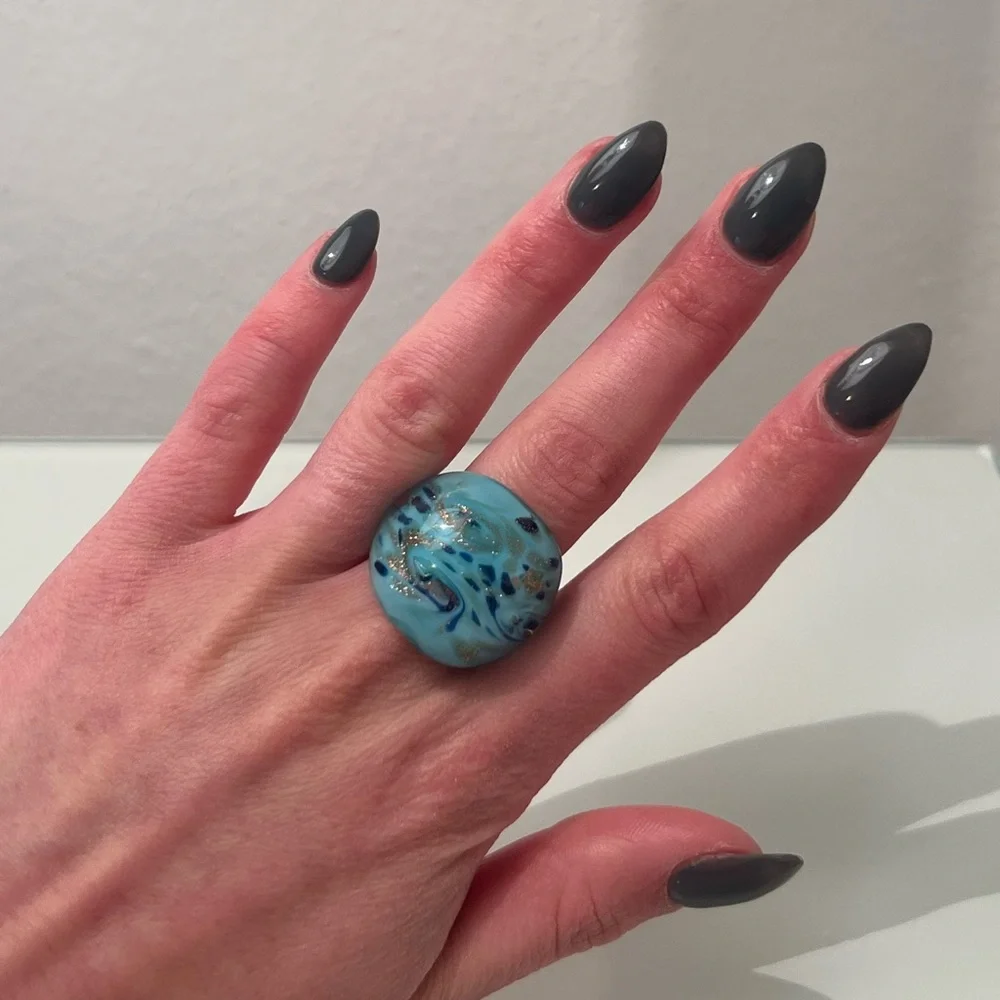 Vintage Murano Glass Blue Gold Swirl Statement Ring